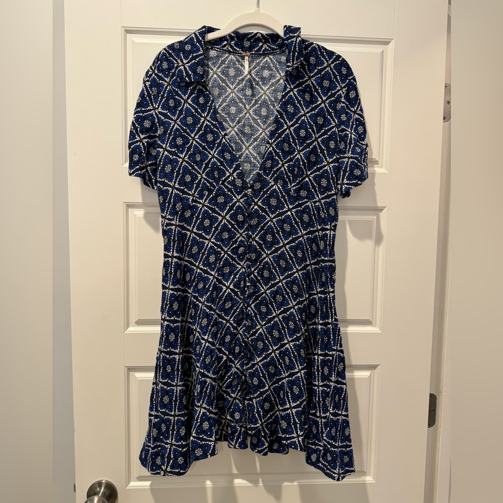 Free People Size 12 Blue Patterned Mini Dress